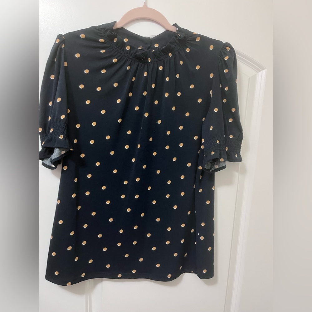 Adrianna Papell Navy Blouse with Beige Dots